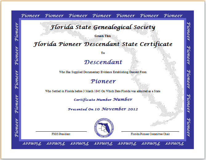 Sample Florida Pioneer Certificate