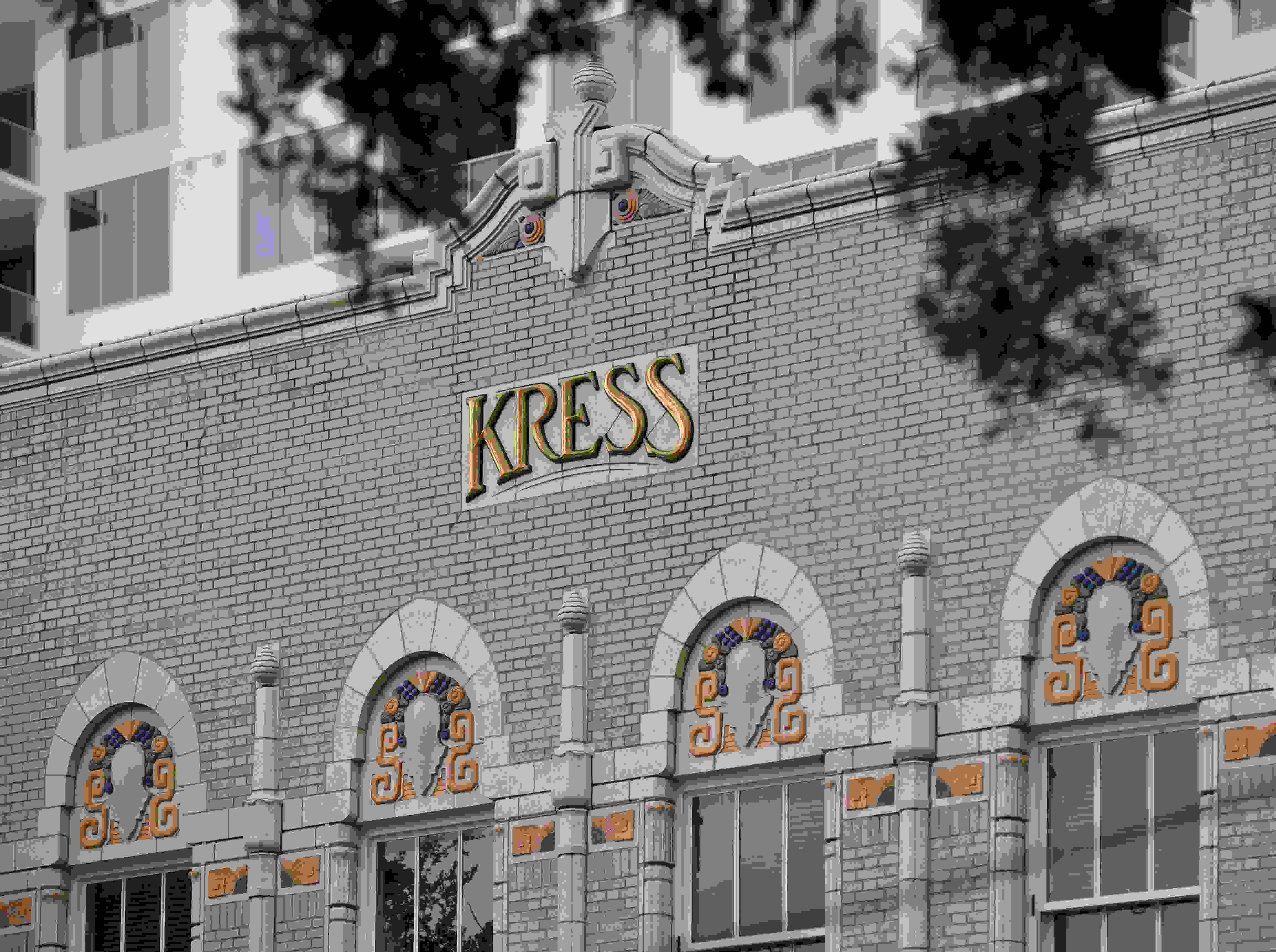 Close up of the S scrolls and detail on S.H. Kress Building