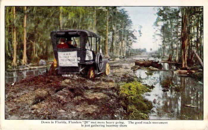 Vintage Postcard of Car on Bad Florida Road