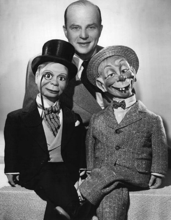 Edgar Bergen (center), Charlie McCarthy (left), Mortimer Snerd (right)