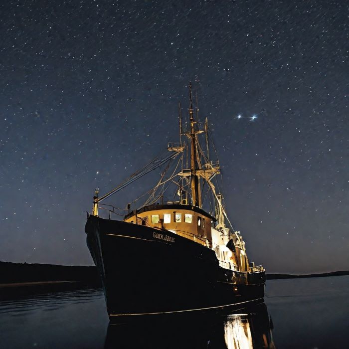 Trawler at Anchor Under Starry Sky